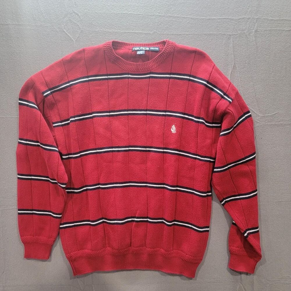 Nautica Sweater Mens Red Striped Logo Crewneck Size XXL